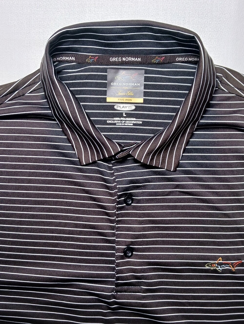 Greg Norman For Tasso Elba Five Iron Golf Polo Large Brown Stripes Play Dry